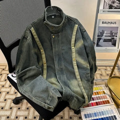Threebooy  American Retro Niche Button Jeans Coat Design Zipper Loose Washed Denim Jacket Men's Autumn High Street Jacket Top Spring Autumn