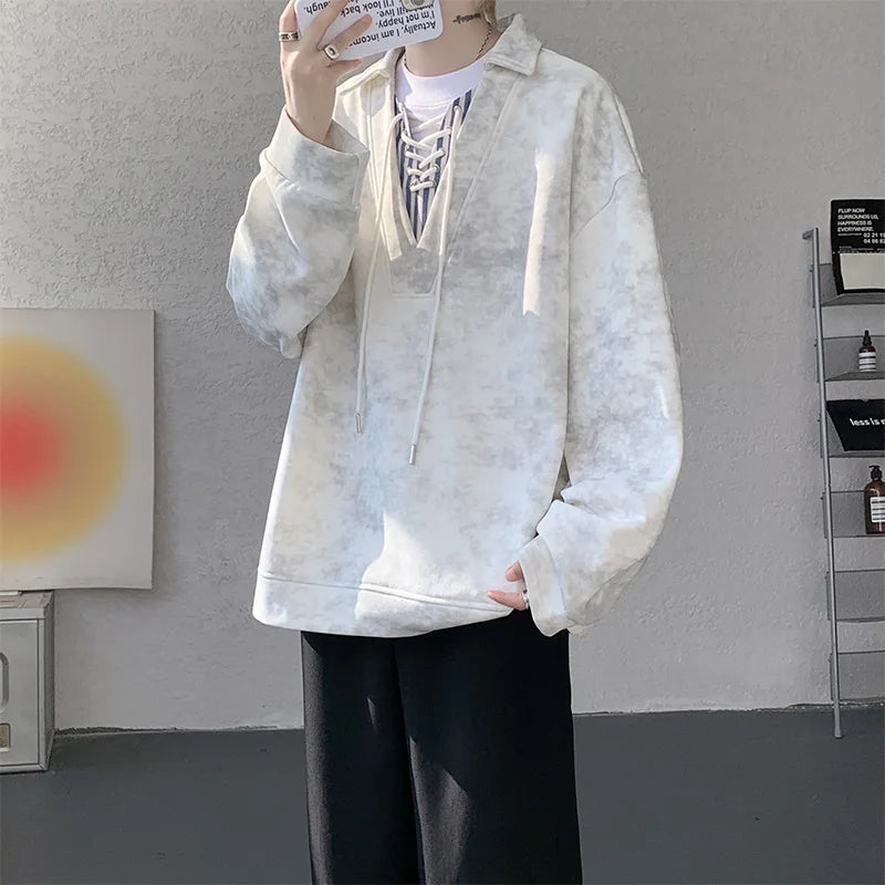 Threebooy Collar Sweatshirt Mens Layered V Neck Pullover Fake Two Piece Streetwear Casual Hoodie Jacket Fall 2025 New Tie Dye Design