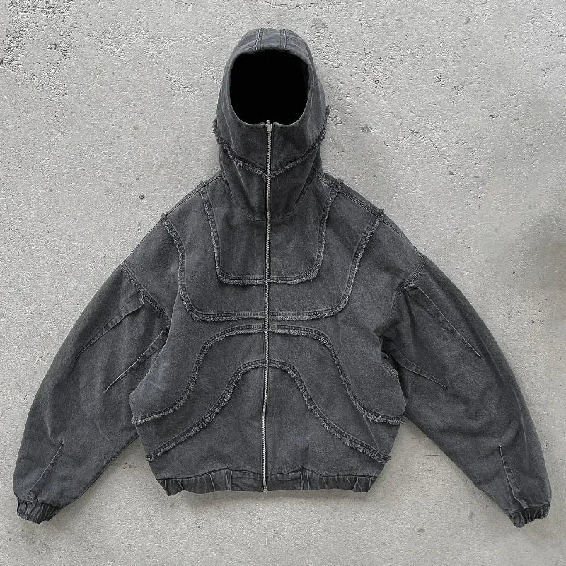 Threebooy  American Retro Washed Denim Jacket Men Women Full Zip Hooded Outerwear Baggy Hip Hop Patchwork Jacket Goth Aesthetic Streetwear