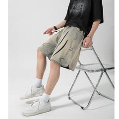 Threebooy Yellow Mud Vintage Denim Shorts Men's Water Wash Fashion Brand American Vintage Loose Street Hip Hop Split Pants