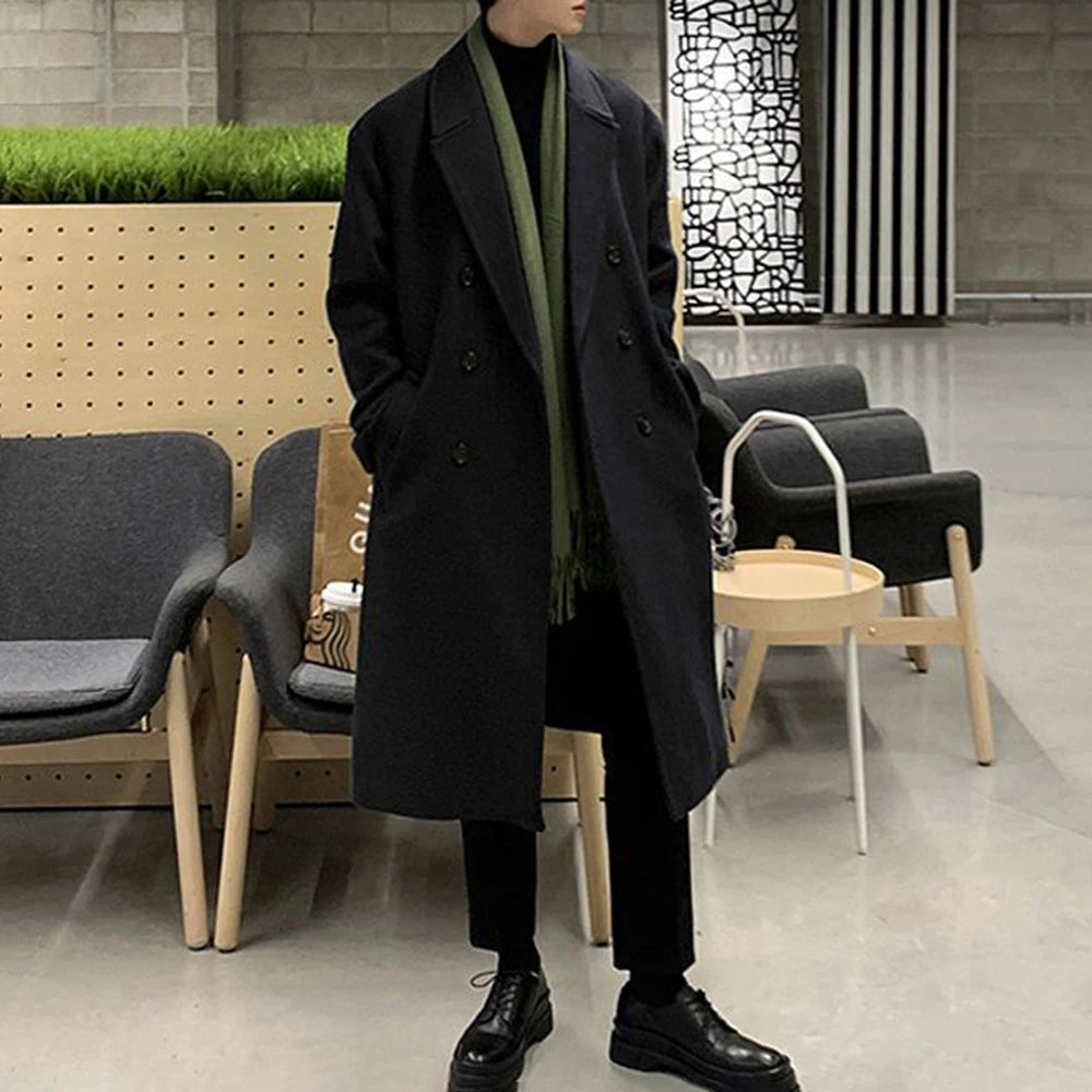 Threebooy Mens Double-Breasted Mid-Length Coat Autumn Winter Genderless Korean Style Fashion Commuter Thickened Elegant Retro Coat Unisex