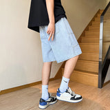 Threebooy Summer New High Street Casual Versatile Denim Capris Elastic Waist Men's Korean Style Loose Wide Leg Large Pocket Shorts