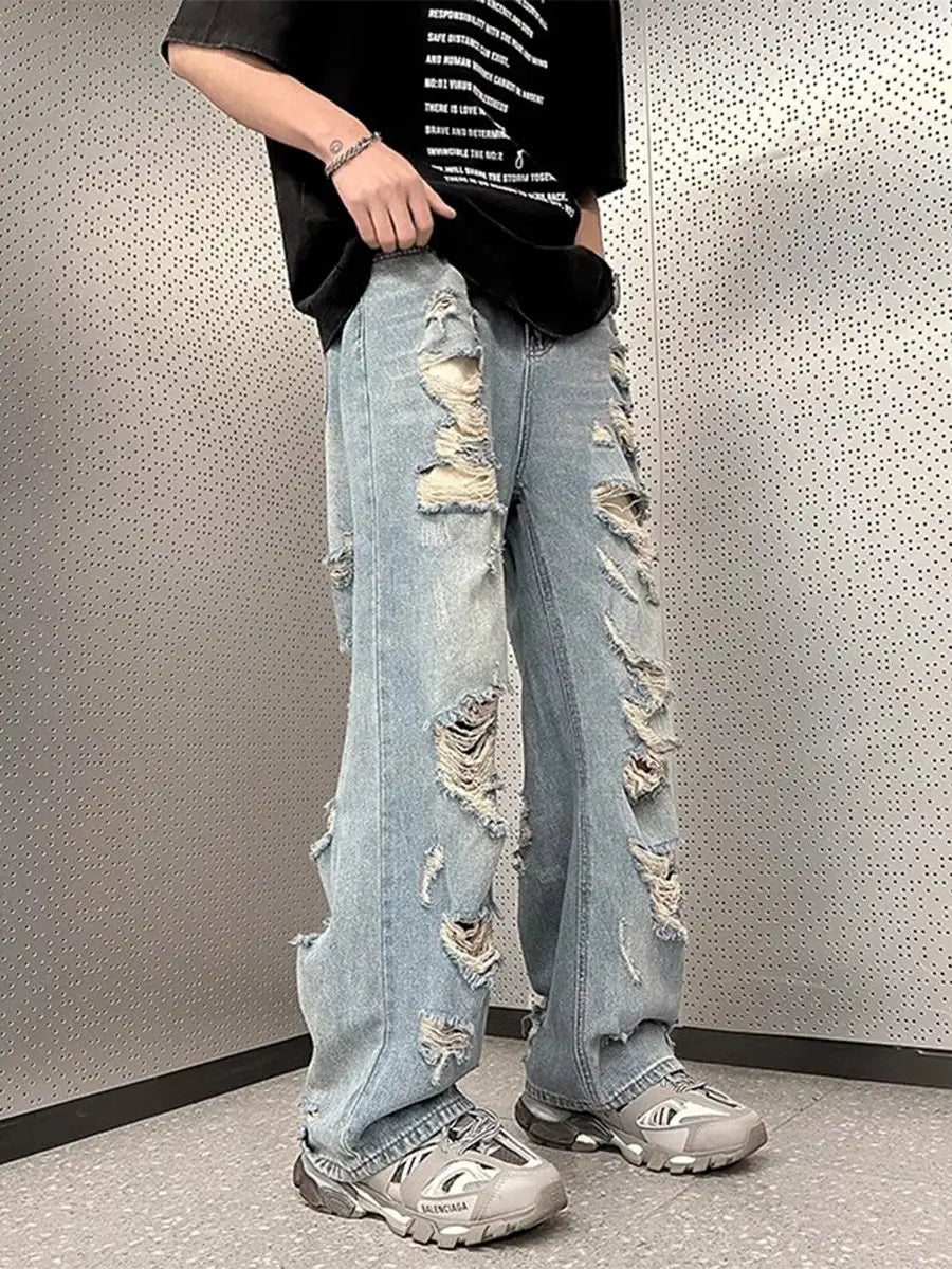 Threebooy American hip-hop straight leg men and women trend summer personality destruction jeans couple loose retro Harajuku casual pants
