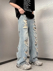 Threebooy American hip-hop straight leg men and women trend summer personality destruction jeans couple loose retro Harajuku casual pants