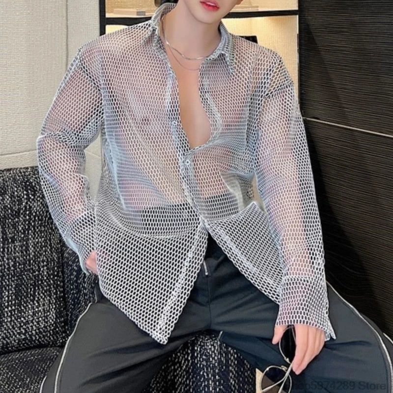 Threebooy Transparent Mesh Shirt Hollow Out Jacket Personality Breathable Youth Fashion Long Sleeve Tops Men Lapel Party Clubwear