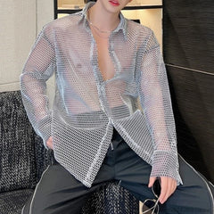 Threebooy Transparent Mesh Shirt Hollow Out Jacket Personality Breathable Youth Fashion Long Sleeve Tops Men Lapel Party Clubwear
