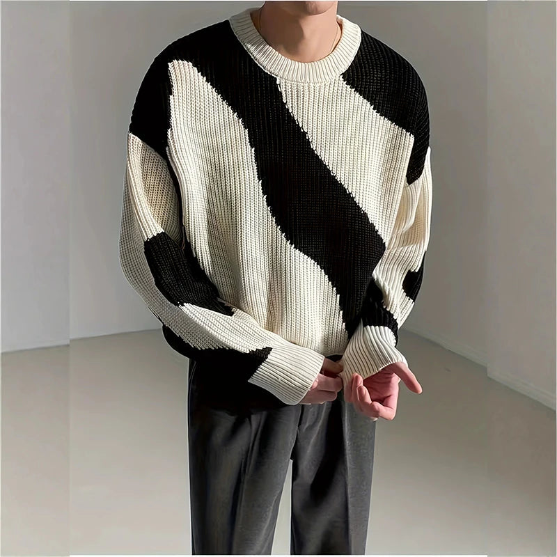 Threebooy  New Japanese Trendy Men Sweater High Street Patchwork Knitted O Neck Long Sleeve Pullover Casual Loose Premium Quality Knitwear