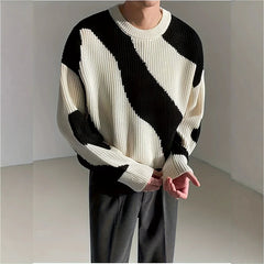 Threebooy  New Japanese Trendy Men Sweater High Street Patchwork Knitted O Neck Long Sleeve Pullover Casual Loose Premium Quality Knitwear