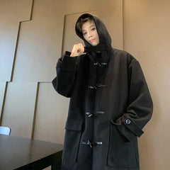 Threebooy Korean Streetwear Hooded Woolen Trench Coat Men Autumn Winter Preppy Mid-length Windbreaker High-end Horn Button Woolen Coat