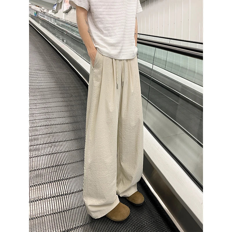 Threebooy Summer Pink Thin Pants Men Fashion Black Casual Pants Men Streetwear Hip-hop Loose Wide Leg Pants Mens Ice Silk Trousers