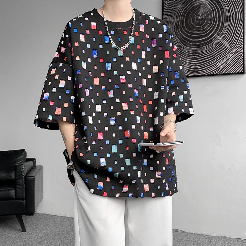 Threebooy Summer Short Sleeved T-shirt Men Fashion Hollow Out Oversized Plaid T Shirt Men Streetwear Hip Hop Loose Casual Tshirt Male 5XL