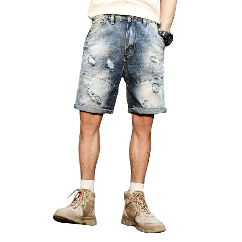 Threebooy Summer thin ripped denim shorts men's loose all-match casual large size Moustache Effect washed straight cargo shorts