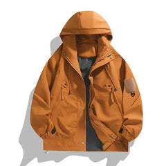 Threebooy  Windbreakers Men Hooded Jacket Zipper Coat Cargo Waterproof Black Bomber Camping Loose Thin Softshell Hooded Hiking Jacket