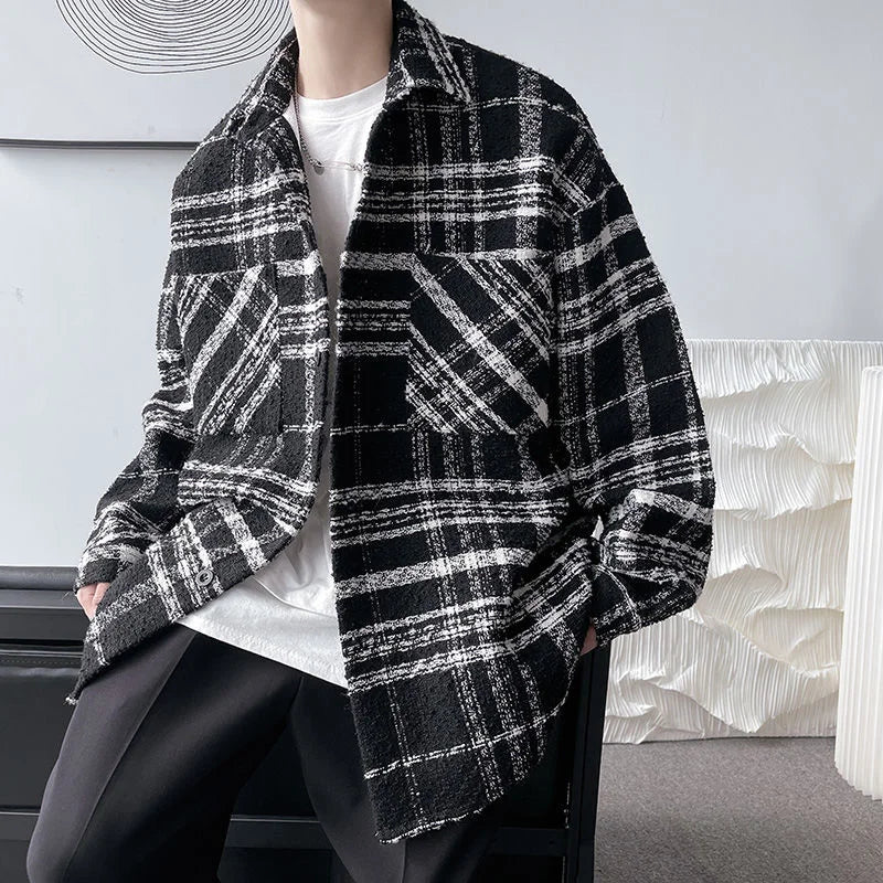 Threebooy Autumn Plaid Woolen Coat Men Fashion Retro Casual Oversized Woolen Jacket Men Korean Loose Woolen Shirt Mens Overcoat M-2XL