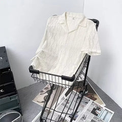 Threebooy Men's White Summer Hollow Out Short Sleeve Shirt Knitted Jacket Shirts For Men Vintage Vacation Blouse