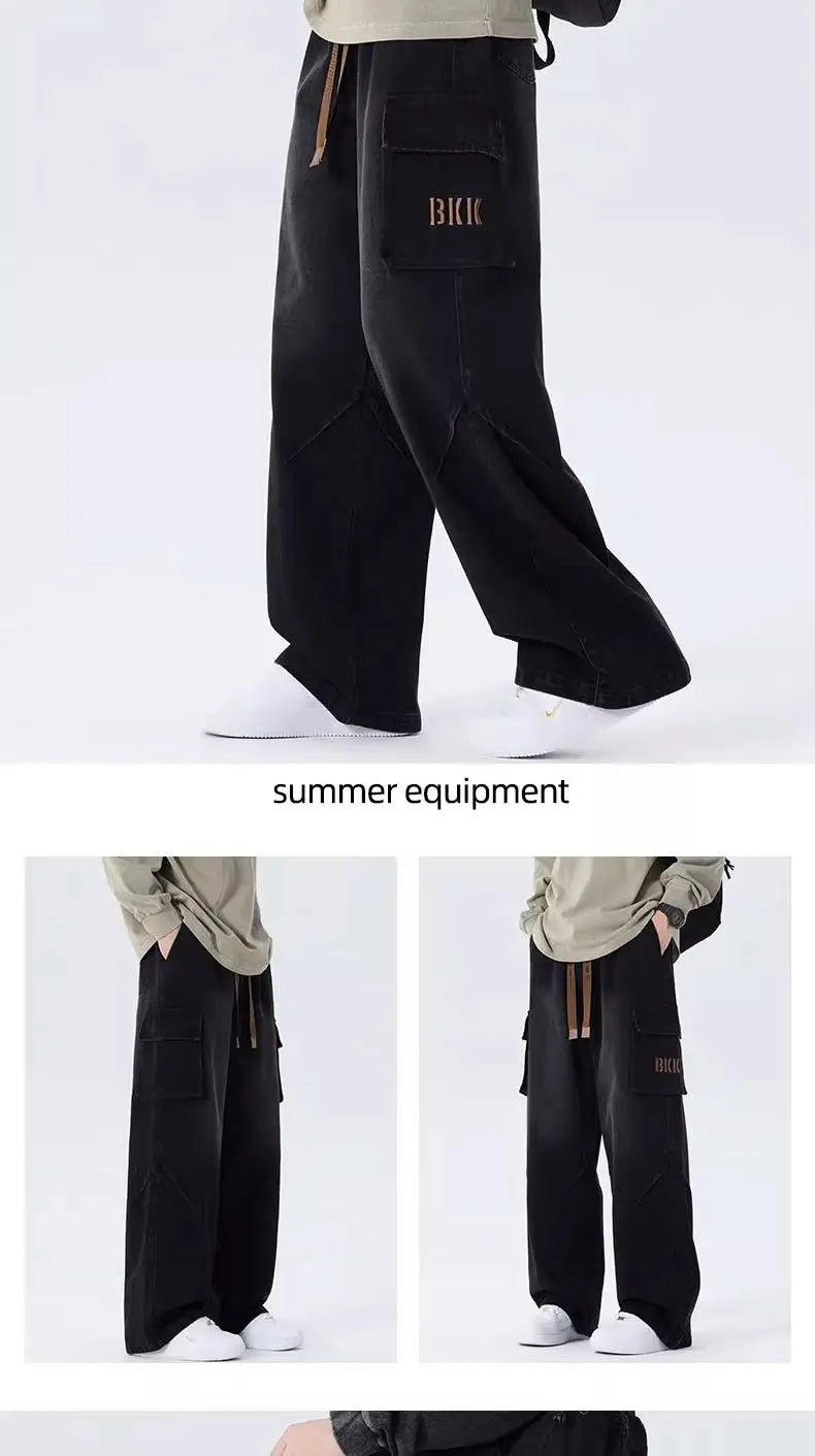 Threebooy 2025 Spring Men and Women Trendy workwear Straight leg denim pants for couples American hip-hop washed personalized casual pants