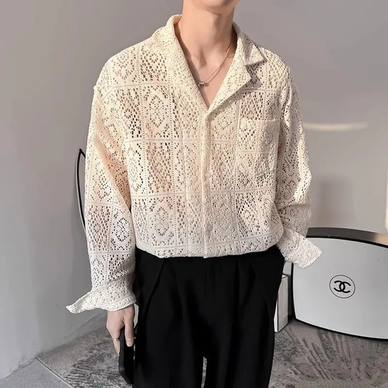 Threebooy  Summer Hollow Design Feel Loose and Versatile Shirt for Men's Casual Trendy Top