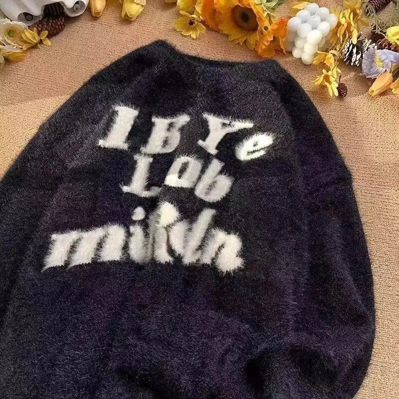 Autumn and Winter American Men and Women Trendy Personalized Letter Round Neck Sweater Couple Loose Hip Hop Casual Knitted Top