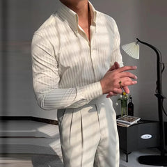 Threebooy  New Italy Business Men Shirts Light Luxury Textured Peaked Lapel Striped Long Sleeve Cardigan Leisure High Quality Blouse M-2XL