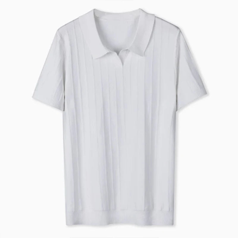 Threebooy  New Men's Clothing Luxury Business V Neck Polo Shirt Casual Slim-fit Knitted Solid Color Short Sleeve T-shirt High Quality Tops