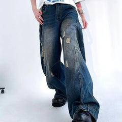 Threebooy Korean Retro Men'S Ripped Jeans Loose Straight Leg Pants Fashionable Design Jeans Casual Wide Leg Pants