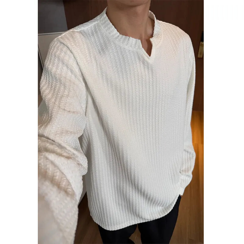 Threebooy Autumn Long Sleeved T-shirt Men Solid Color Casual V-neck T Shirt Men Streetwear Korean Loose Pullover Stripe T Shirt Mens Top