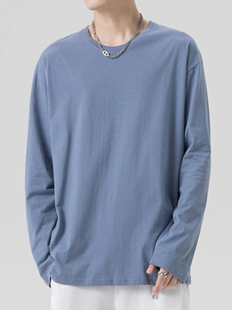 Threebooy  Autumn Men's Casual Long Sleeve T Shirt Plus size Sweatshirts Male Korean Fashion Oversized Tees Clothes Blue Y2K Tshirt