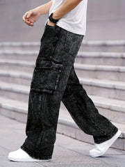 Threebooy  Men's Loose Fit Washed Denim Cargo Pants with Large Pockets, Street Style Casual Jeans Suitable for Casual Wear