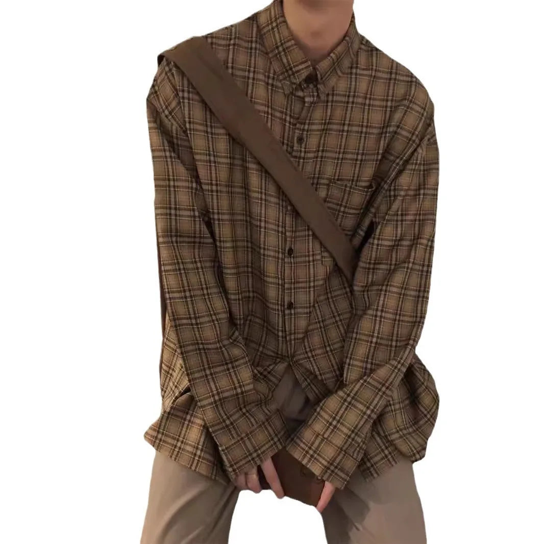 Threebooy Men's Fashion Coffee Checkered Long Sleeved Shirt Blouse Spring Autumn Elegant Loose Shirt Jacket