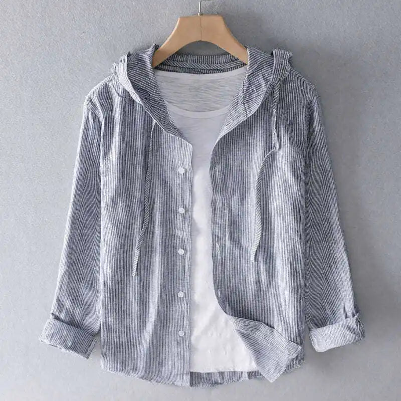 Threebooy  Spring Summer New Hooded Long-sleeved Solid Color Linen Shirt Trendy Men's Thin Loose Youth Fashion Linen Sunscreen Shirt