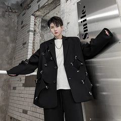 Threebooy Korean Street clothing fashion Spring Men's Irregular Hole Suit Dark Black Male Blazers Korean Fashion Lapel Outwear