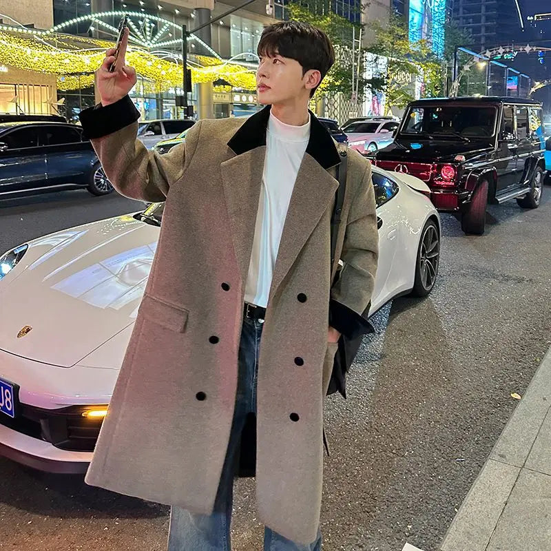 Threebooy Korean Niche Mid-length High-end Wool Coat Men's Autumn Winter Loose Versatile Wool British Style Jacket Aesthetic Trench Coat