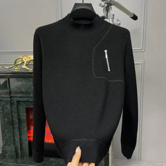 Threebooy  High Street Men Solid Long Sleeve Winter Sweaters Casual Chic All-match Half High Collar Bright Line Decoration Knit Pullovers