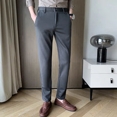 Threebooy Men's Fashion Trend Casual Pants Grey/black Color Ice Silk High Streetwear Formal Trousers Office Business Slim Suit Pants