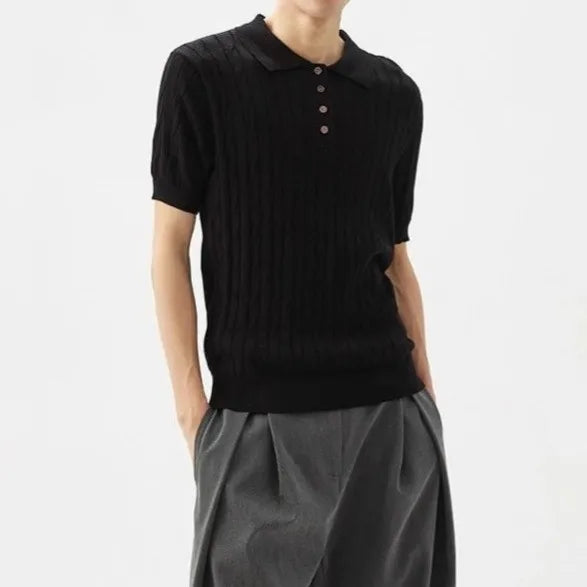 Threebooy  New Trendy Jacquarded Men Polo Shirt Light Luxury Casual Business Solid Color Knitted Short Sleeve T-shirt Fashion Stretchy Tops