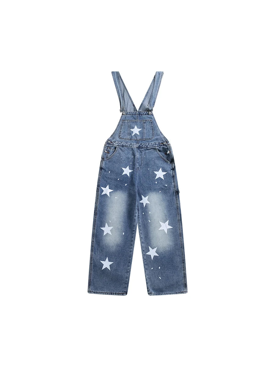 Threebooy American Retro Star Splashing Print Denim Overalls Korean Style Fashion High-end Solid Color Jumpsuits Aesthetic All-match Chic
