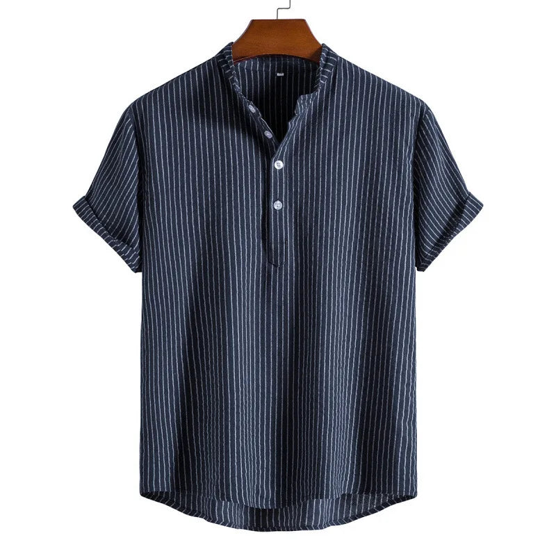 Threebooy Summer Men's Cotton Linen Stand Collar Short Sleeved Shirt