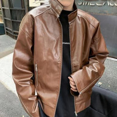 Threebooy  Spring Autumn New Men's Solid Color PU Leather Jacket Outerwear American Retro Fashion Trend High Street Casual Men's Tops