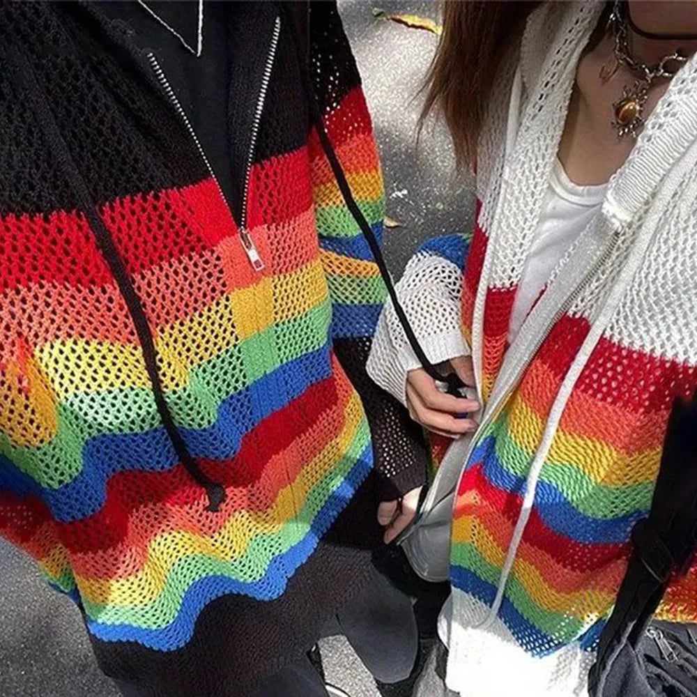 Threebooy Mens Hoodie Colorful Stripes Thin Hollow Knitted Jacket Streetwear Versatile Youth Vacation Campus Couple Blouse Men'S Clothing