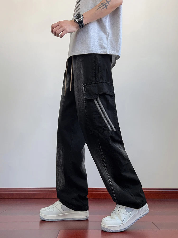 Threebooy Summer Men's Jeans Flap Pockets Lightweight Denim Cargo Pants Big Size 8XL 7XL 6XL Wide Leg Baggy Jeans Straight Trousers