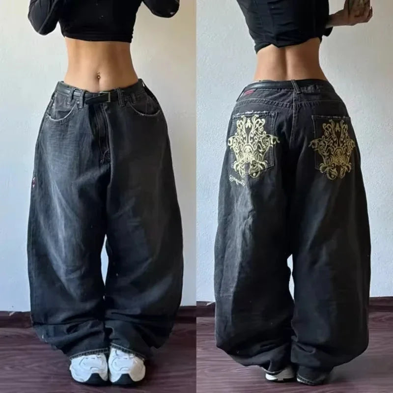 Threebooy Y2K Fashion New Letters Embroidered Washed Baggy Jean Women Gothic Harajuku Vintage Hip Hop Pop Casual High Waist Wide Leg Pants