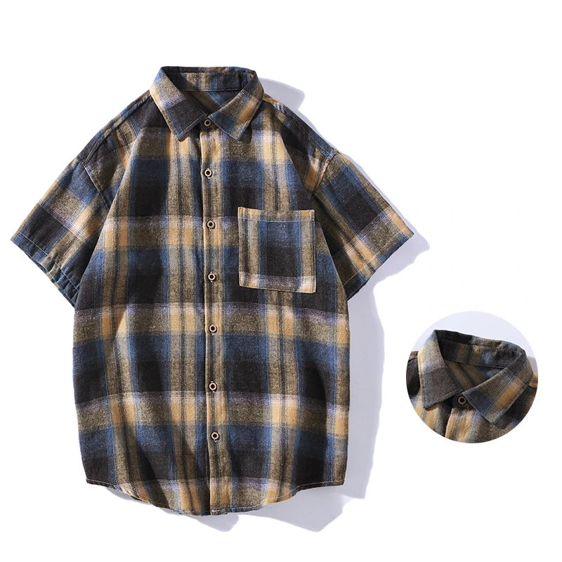 Threebooy Korean Style Plaid Shirts For Men Short Sleeve Fashion Turn-down Collar Blouses Hip Hop Male Clothing