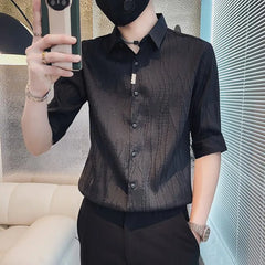 Threebooy Spring Casual Shirt Men Half Sleeve Slim Fit Business Formal Dress Shirts Social Party Nightclub Stripe Tuxedo Men Clothing 3XL