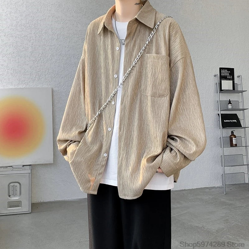 Threebooy High Quality Long Sleeve Ice Silk Shirts Men Loose Daily Casual Single Breasted Popular Streetwear Male Spring Autumn Harajuku