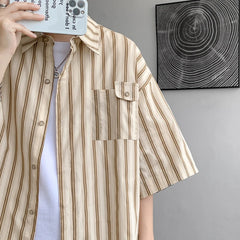 Threebooy Half Sleeve Shirts Men Casual Stripe Shirts Streetwear Oversize Blouses Single Breasted Male Clothing Harajuku Summer