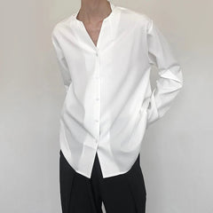 Threebooy Mens Casual V-Neck Long-Sleeved Shirts Genderless 2024 Spring Summer New Fashion Solid Color Versatile Youth Trend Tops Unisex