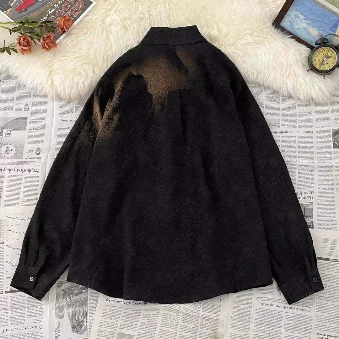Threebooy Chinese Style Blouse Buckle Stand Collar Shirt Korean 2025 Summer New Trend Embroidered Pattern Vintage Shirt Jacket