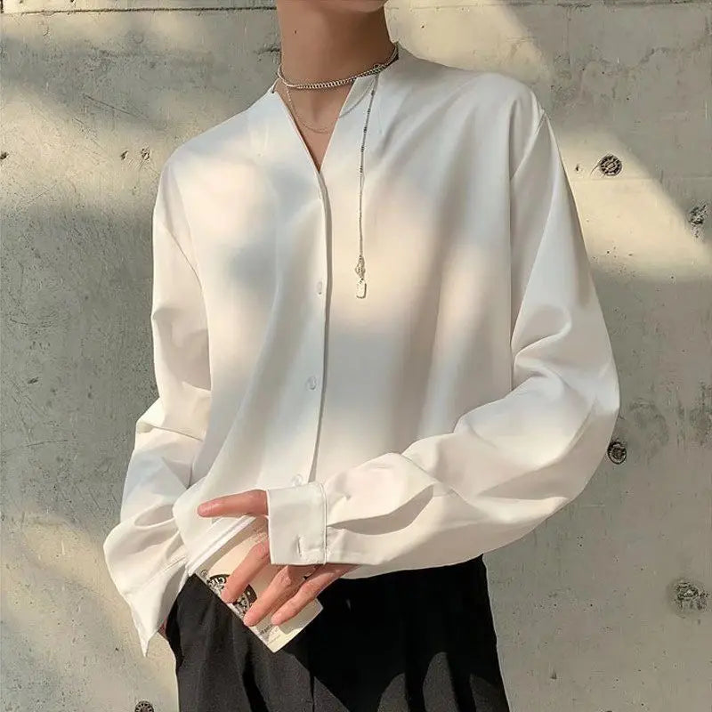 Threebooy 2025 New Retro V-neck Shirt Temperament Solid Color Long-sleeved Drooping White Shirt Korean Loose Trendy Top Aesthetic Chic