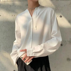 Threebooy 2025 New Retro V-neck Shirt Temperament Solid Color Long-sleeved Drooping White Shirt Korean Loose Trendy Top Aesthetic Chic