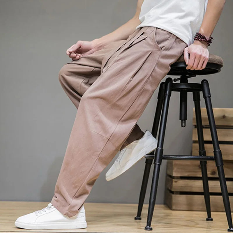 Threebooy Spring Cotton Linen Pants Men Elastic Waist Casual Harem Pant Loose Sweatpants Traditional Chinese Trousers pantalons homme